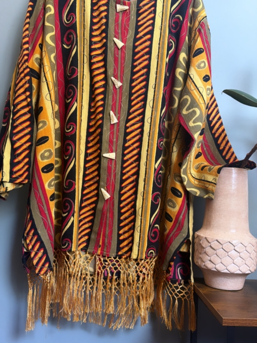 Artisan-Made Abstract Print Fringe Kimono | One Size